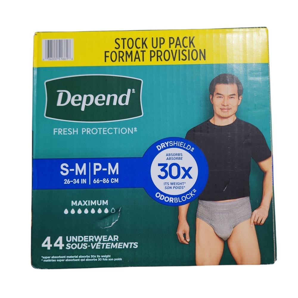 Depend Fresh Protection Men Incontinence Underwear Maximum S/M 44 Count Grey